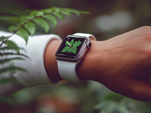 a smart watch with a green leaf on it