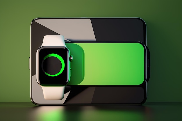 A smart watch with a green screen on the left side.