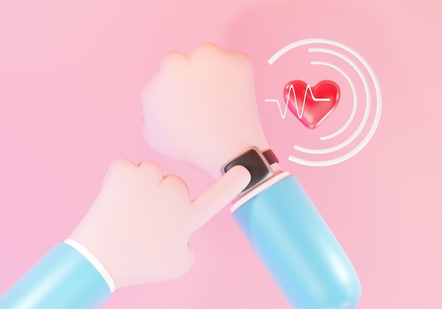 Smart watch with heart rate icon. health app, 3d illustration