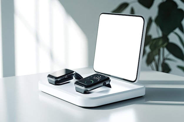 Smart watches on a wireless fast charger station for wireless recharge on white table with shadows