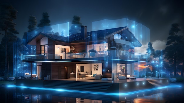 Smarthome isometric concept with IoT AI hologram explanation