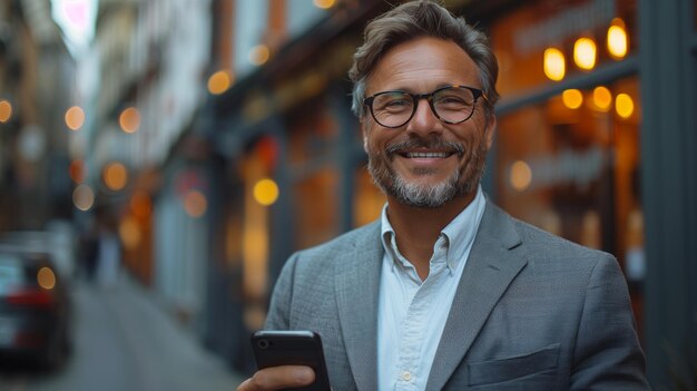 Smartly dressed man exudes confidence smiling while holding a phone outside an office building