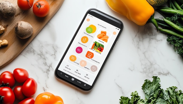 Smartphone App Displaying Fresh Produce Shopping List on White Marble Surface