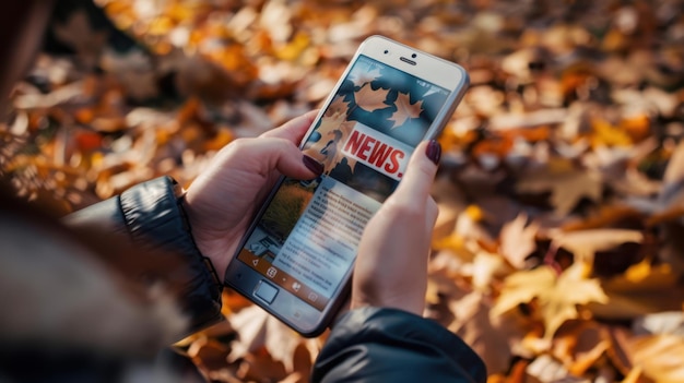 Photo the smartphone in autumn leaves