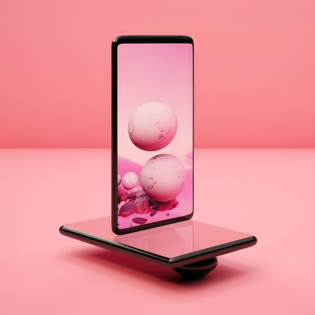 Smartphone balancing flying on pink background generative ai