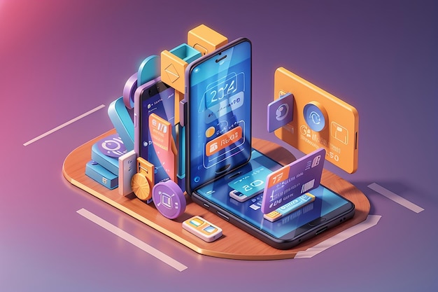 Smartphone concept with security credit card financial transactions protection 3d isometric design