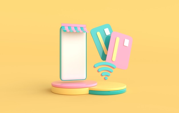 Smartphone credit card on podium wifi symbol Online shopping payment concept 3d render