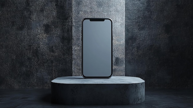 Smartphone displayed on a stone pedestal in a dark minimalist setting with dramatic lighting