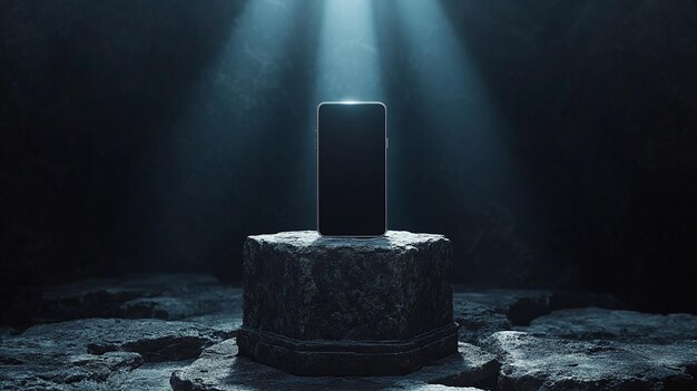 Photo smartphone displayed on a stone pedestal in a dark minimalist setting with dramatic lighting