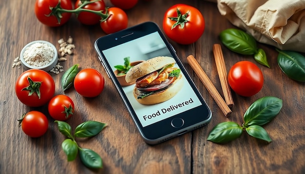 Photo a smartphone displaying a food delivery app with a sandwich on the screen