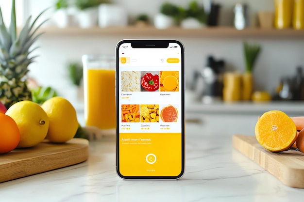 Smartphone displaying a grocery delivery app with various fruits and vegetables on a countertop