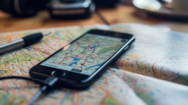 Photo a smartphone displaying a map app with a route marked showing navigation in progress