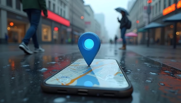 a smartphone displaying a map of a city with a prominent location pin marker