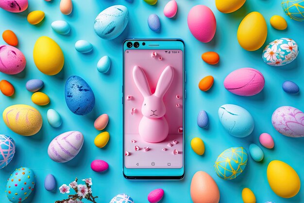 Photo a smartphone on an endless background with easter bunny and easter elements