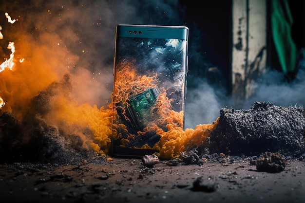 A smartphone on fire after battery explosion Generative AI