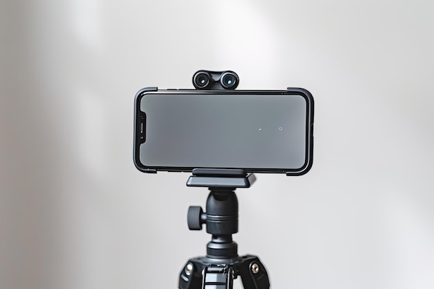 Photo a smartphone is mounted on a tripod in front of a white background