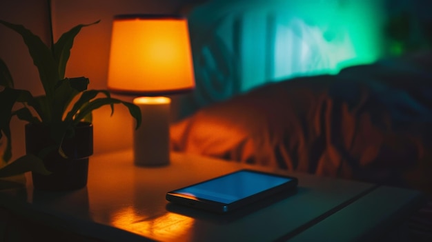 A smartphone lying on a nightstand with a soft glow from the screen illuminating the dark room