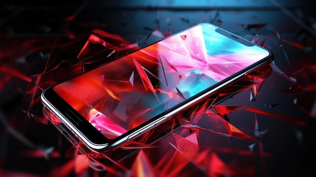 Smartphone lying on the table with shards of glass and lockscreen illusion of cracks