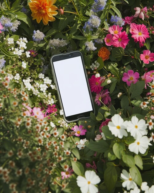 Photo a smartphone in the middle of a flower bed in a garden surrounded by blooms with a white screen ar 45 stylize 50 v 6 job id 73eea800959447f7bec57eba6764681d