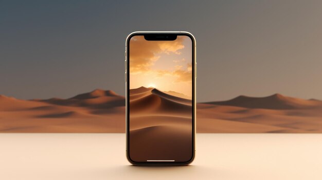 The smartphone in a minimalist photograph showcased on a clean and inviting sand background