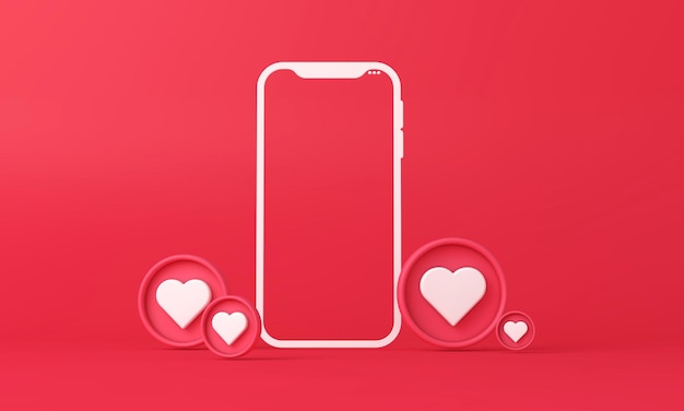 Smartphone mock up with social media heart buttons d rendering