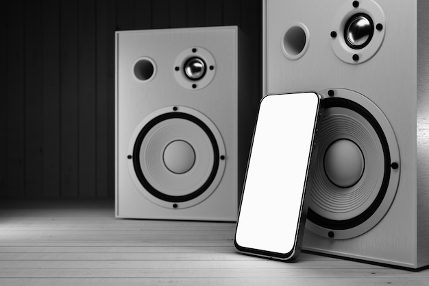 Smartphone mockup on the background of stereo music speakers  3d rendering