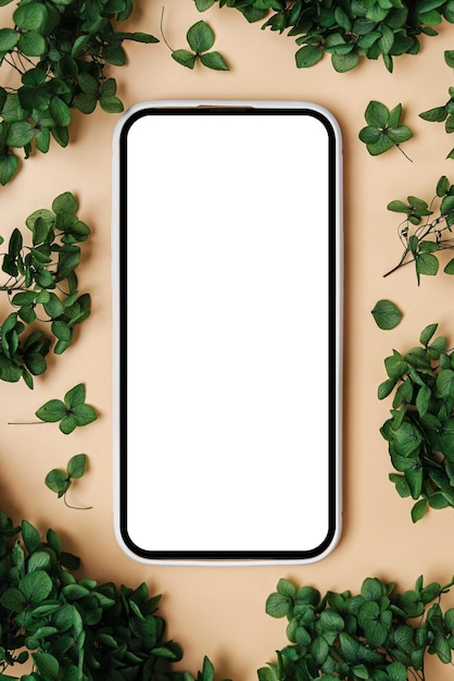 Smartphone mockup with green flowers Device screen mock up on stylish background for presentation or appl design