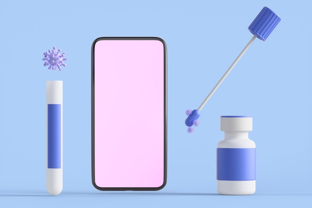 Smartphone near the ampoule of coronavirus covid-19 vaccine and PCR test. Vaccination concept. 3d rendering illustration