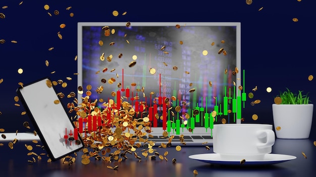 Smartphone and notebook with gold coin and trading candle stick stock market crypto 3D rendering