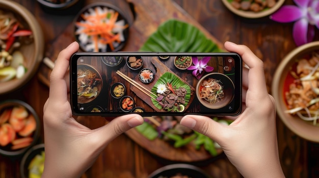 Photo a smartphone photographing food