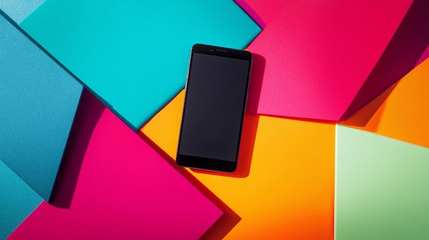 Photo a smartphone resting on a vibrant array of colored paper sheets in a creative workspace setting