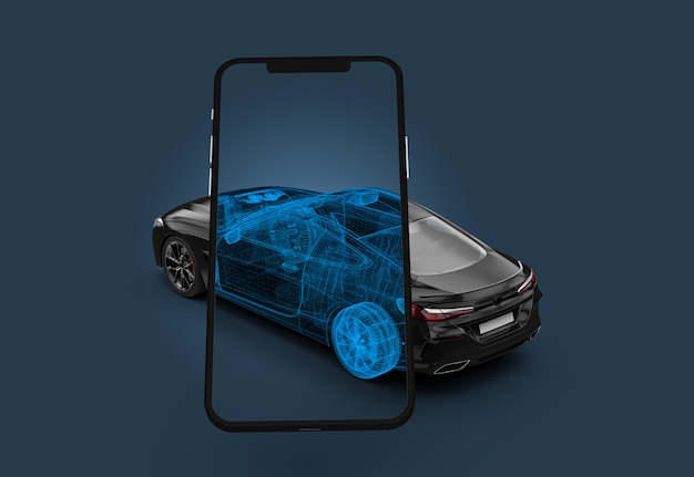 Smartphone scanning black car showing wireframe. 3D Illustration