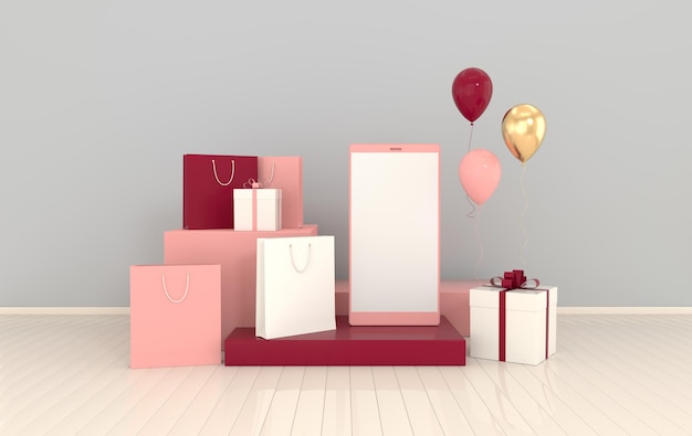 Smartphone shopping bag balloons mockup background in minimal style Frameless mobile phone 3d