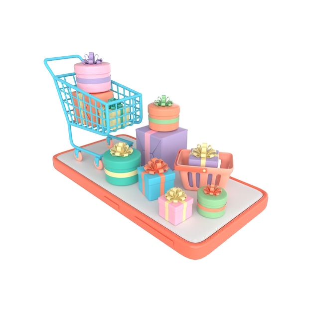 Smartphone shopping basket and cart with present box 3d rendering Online shopping sale concept