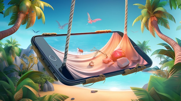 smartphone sitting in a hammock next to the ocean Generative AI