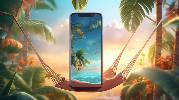 smartphone sitting in a hammock next to the ocean Generative AI