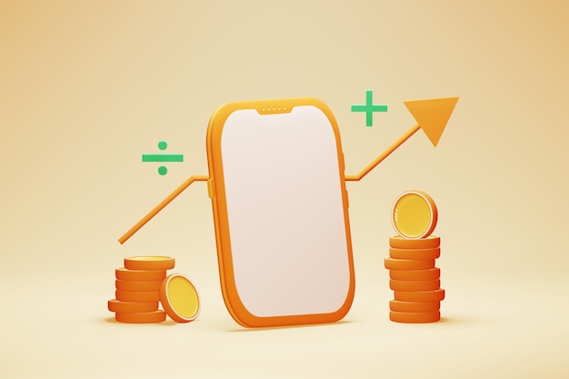 Smartphone and stack of coins 3D design. Finance investment management concept illustrations