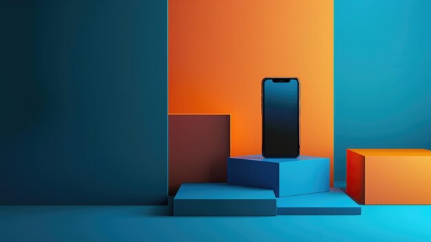 Smartphone standing on a cube step of blue and orange gradient cubic background