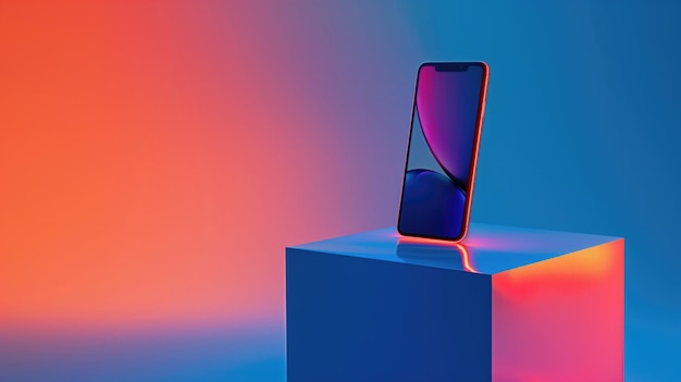 Smartphone standing on a cube step of blue and orange gradient cubic background