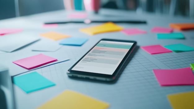 Photo smartphone and sticky notes on a desk