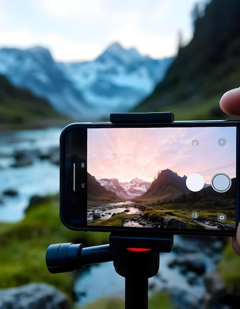 Photo smartphone taking photo of mountain stream with tripod nature view on screen at sunset