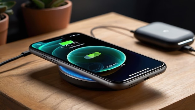 Photo a smartphone on a wireless charging pad placed on a wooden table illustrating wireless technology