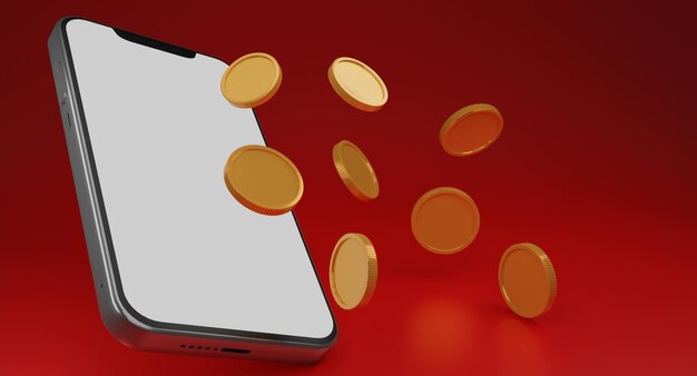 Smartphone with blank display and coins flyingdigital walletShopping mobile app gold arrows coinsCashback and bankingmoneysaving Mock up empty screen copy spaceIsolate background3D render