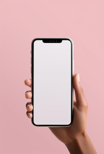 Smartphone with blank screen in female hand on pink background mockup