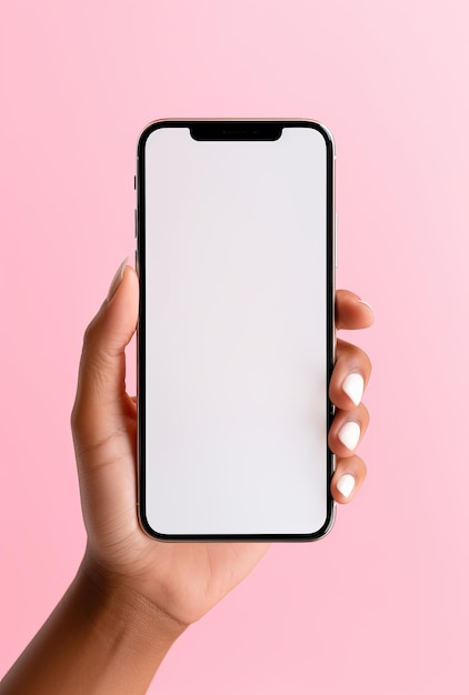 Smartphone with blank screen in female hand on pink background mockup