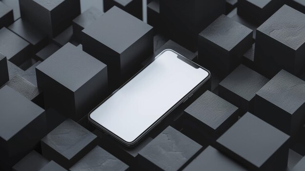 Smartphone with blank white screen on black cubes background