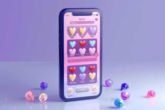 A smartphone with a bright colorful app interface featuring heartshaped icons