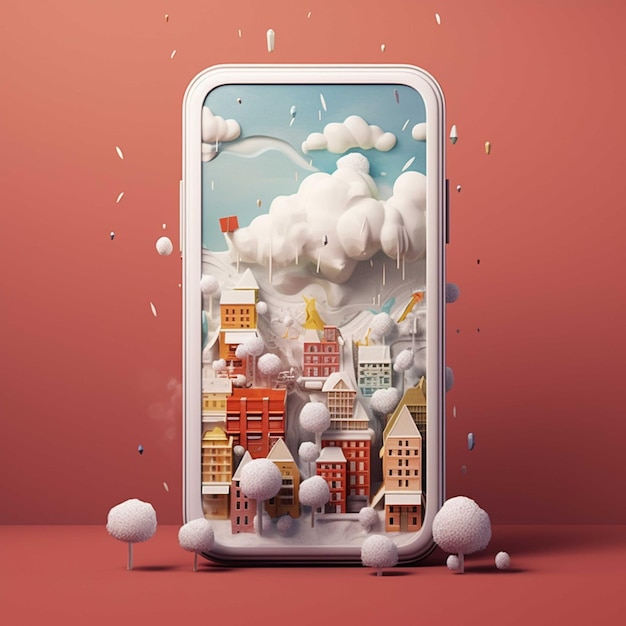 Smartphone with cityscape in the snow 3D illustration