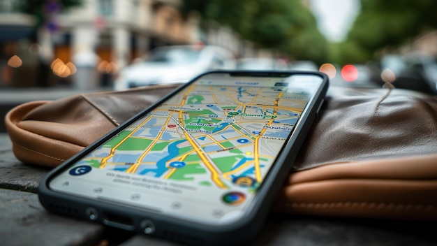 Photo smartphone with digital map on leather bag in urban street environment