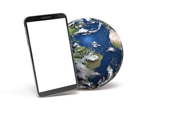 Smartphone with earth on white background  Earth map from Nasa